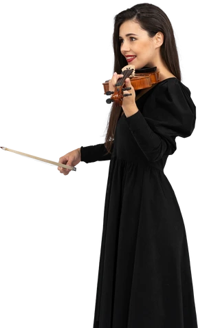 Close-up of a young lady in black dress playing the violin