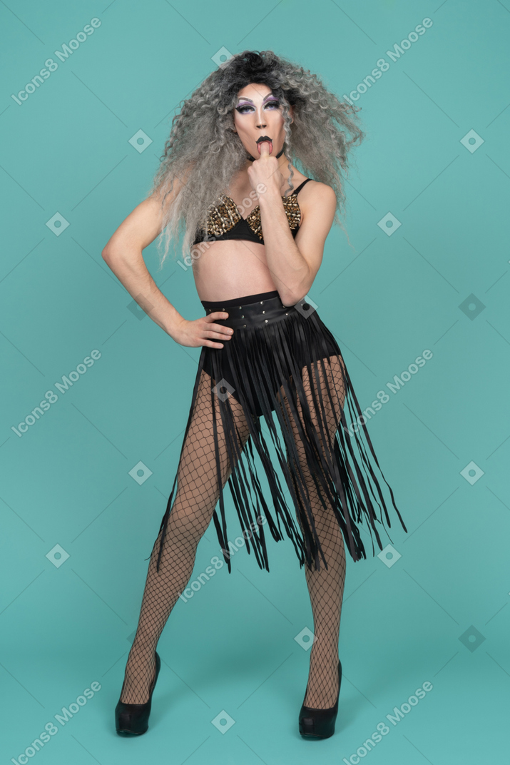 Drag queen sticking finger in mouth