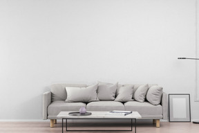 Living room with gray sofa and coffee table with decor items