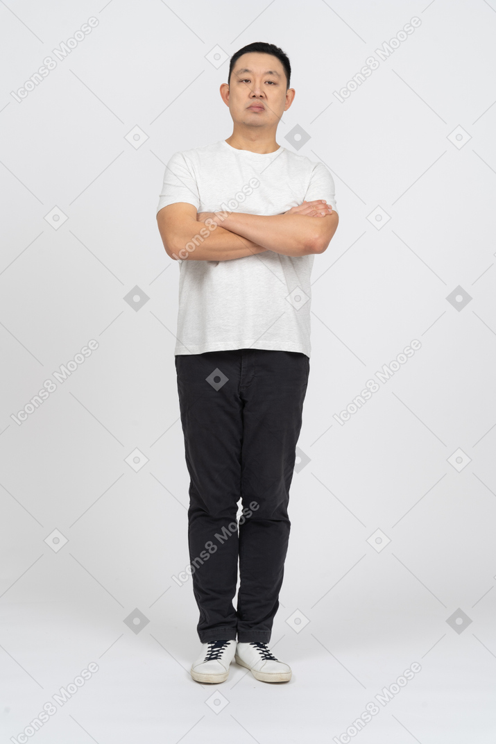 一个穿着休闲服的男人双臂交叉站立的前视图