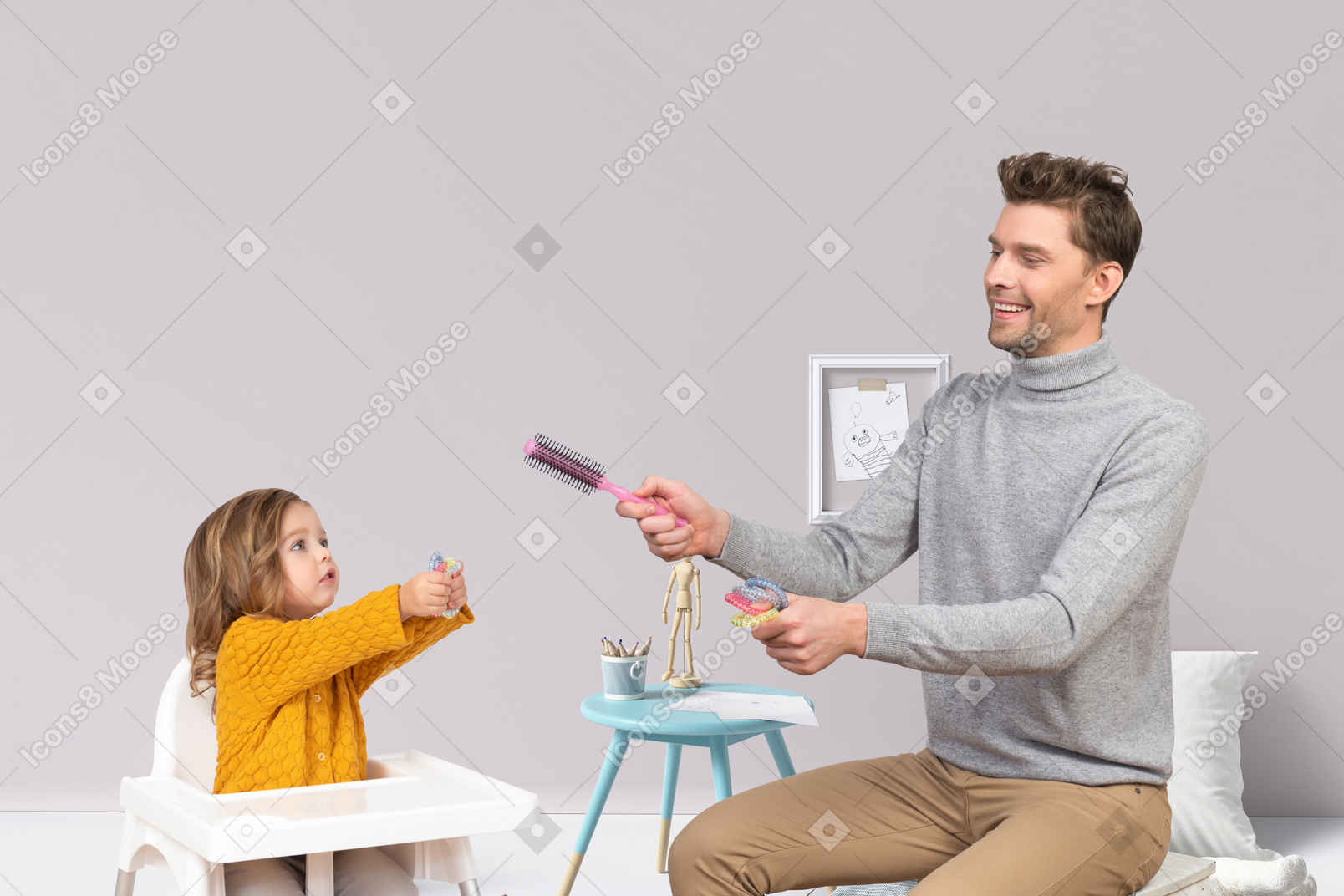A little girl sitting in a high chair while a man combs her hair