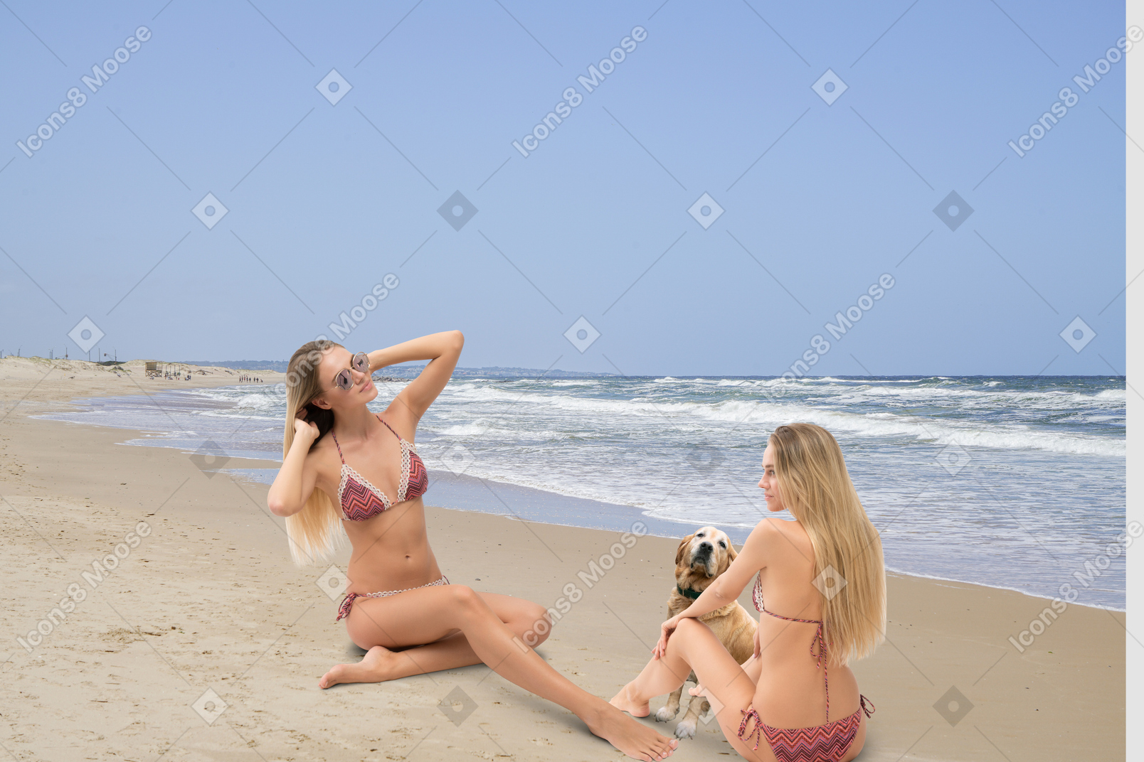 Two women in bikinis sitting on the beach with a dog