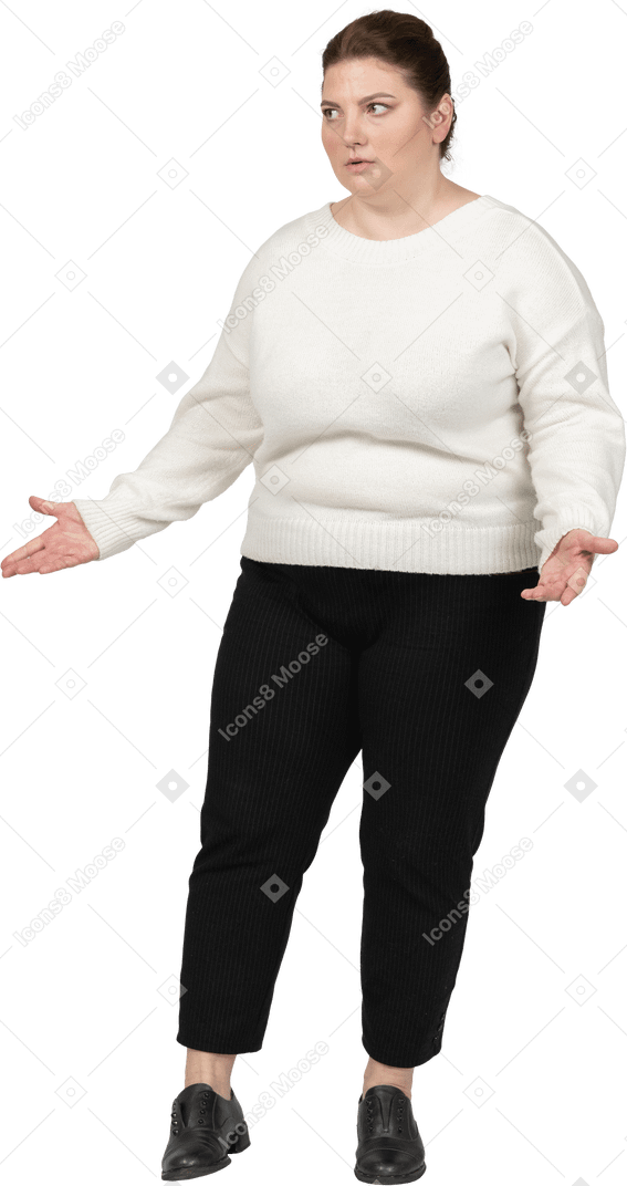 Angry plump woman in casual clothes