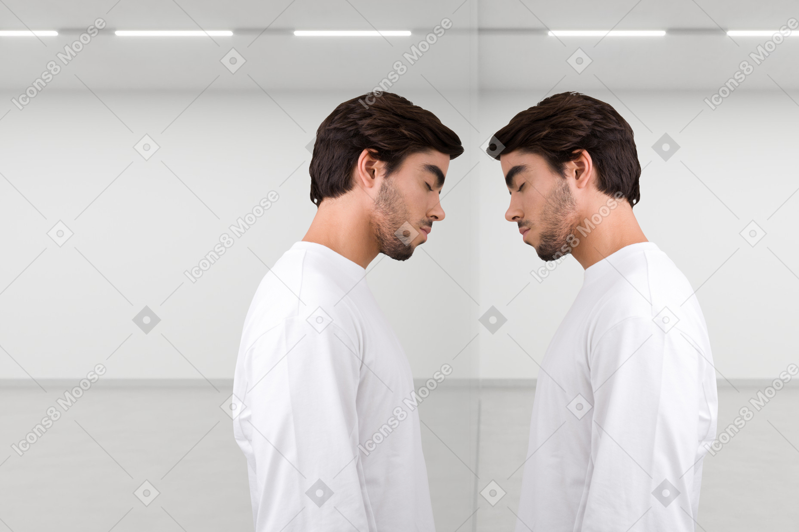 Man standing with closed eyes near his reflection