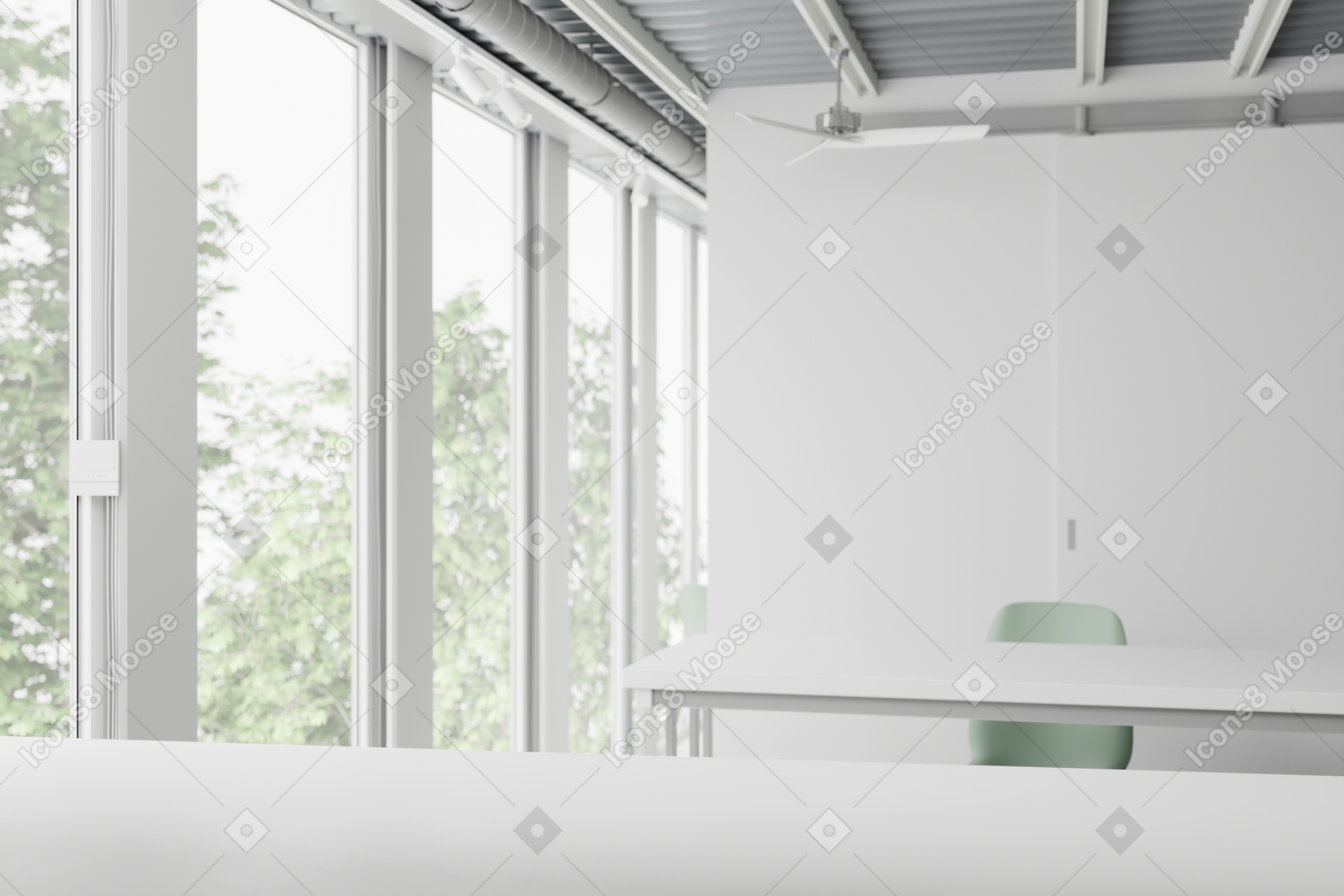 Salle de classe avec des bureaux blancs