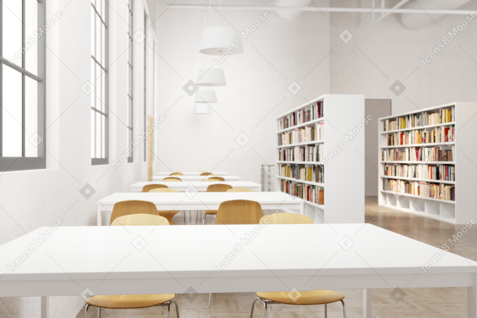 Biblioteca moderna con escritorios y sillas