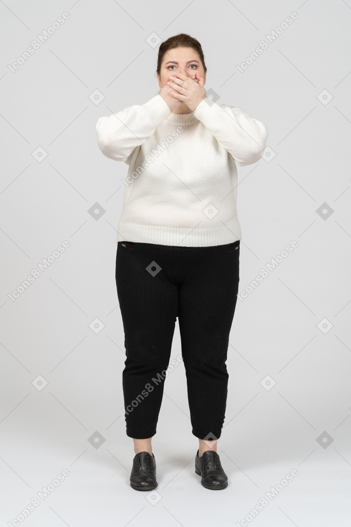 Plus size woman in casual clothes closing mouth with hands