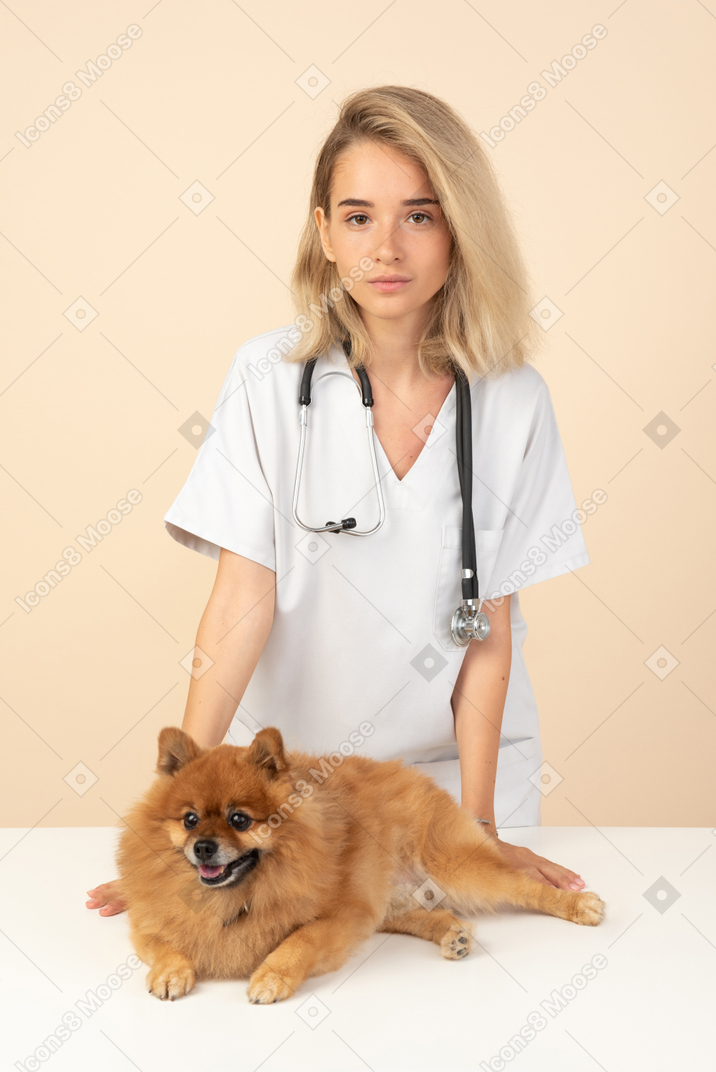 Attraente veterinario pronto ad esaminare uno spitz