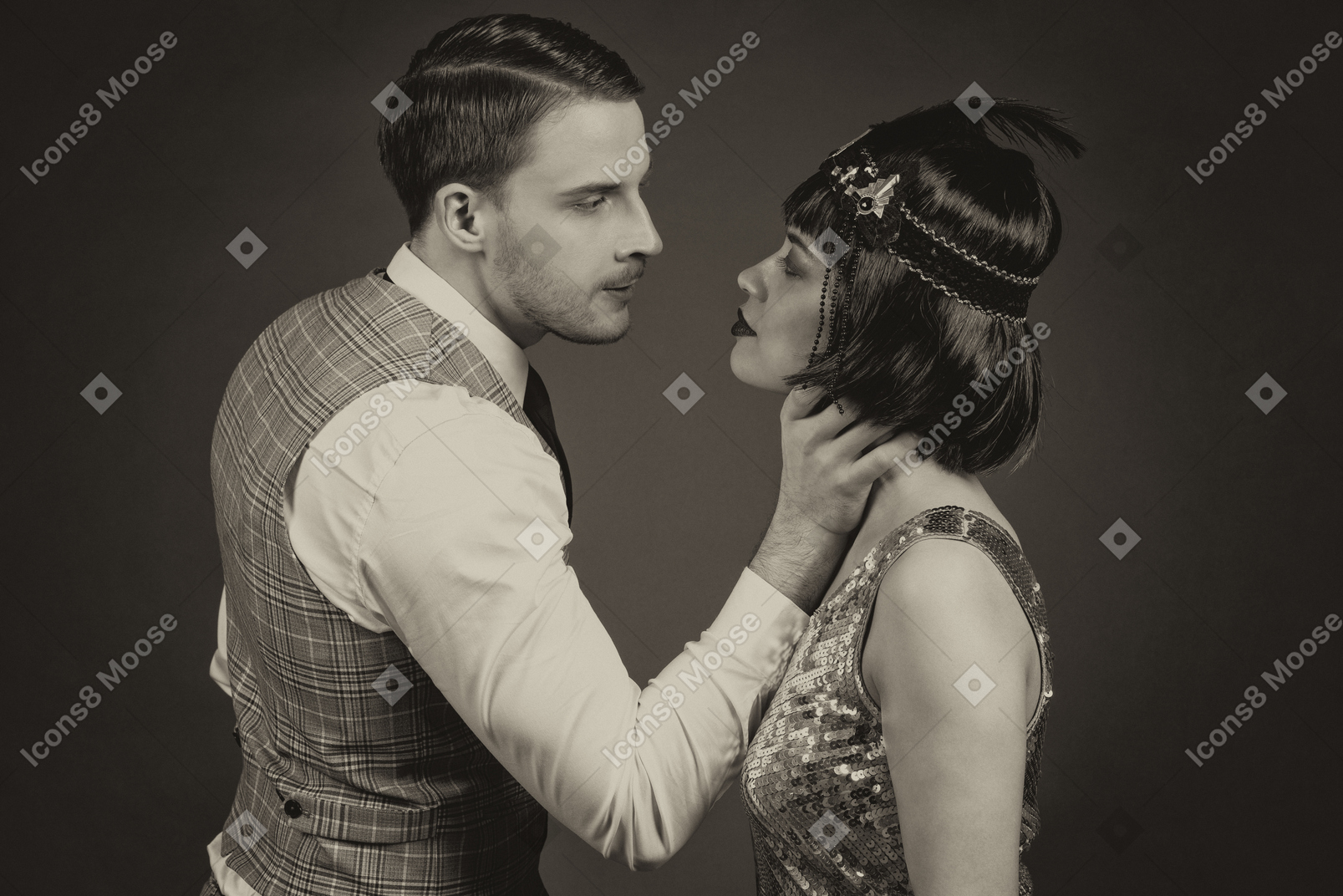 Portrait of a passionate retro couple looking at each other