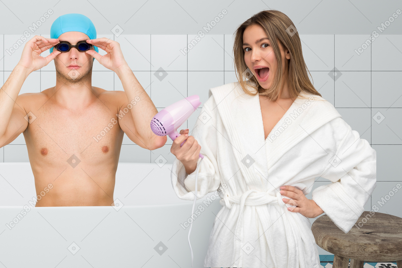 Man with swimming goggles and woman with hair dryer standing in bathroom