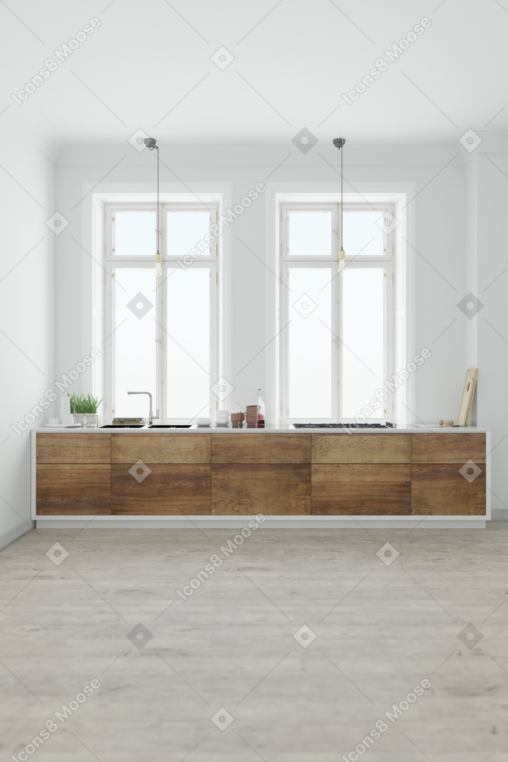 Kitchen with wooden drawers, stovetop and sink