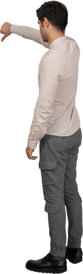 Man in shirt showing thumb down