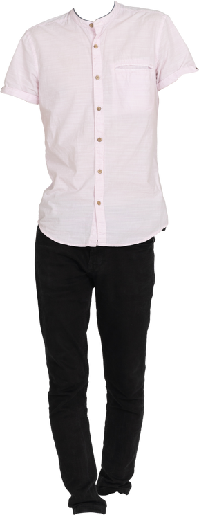 White mandarin short sleeve shirt and black jeans