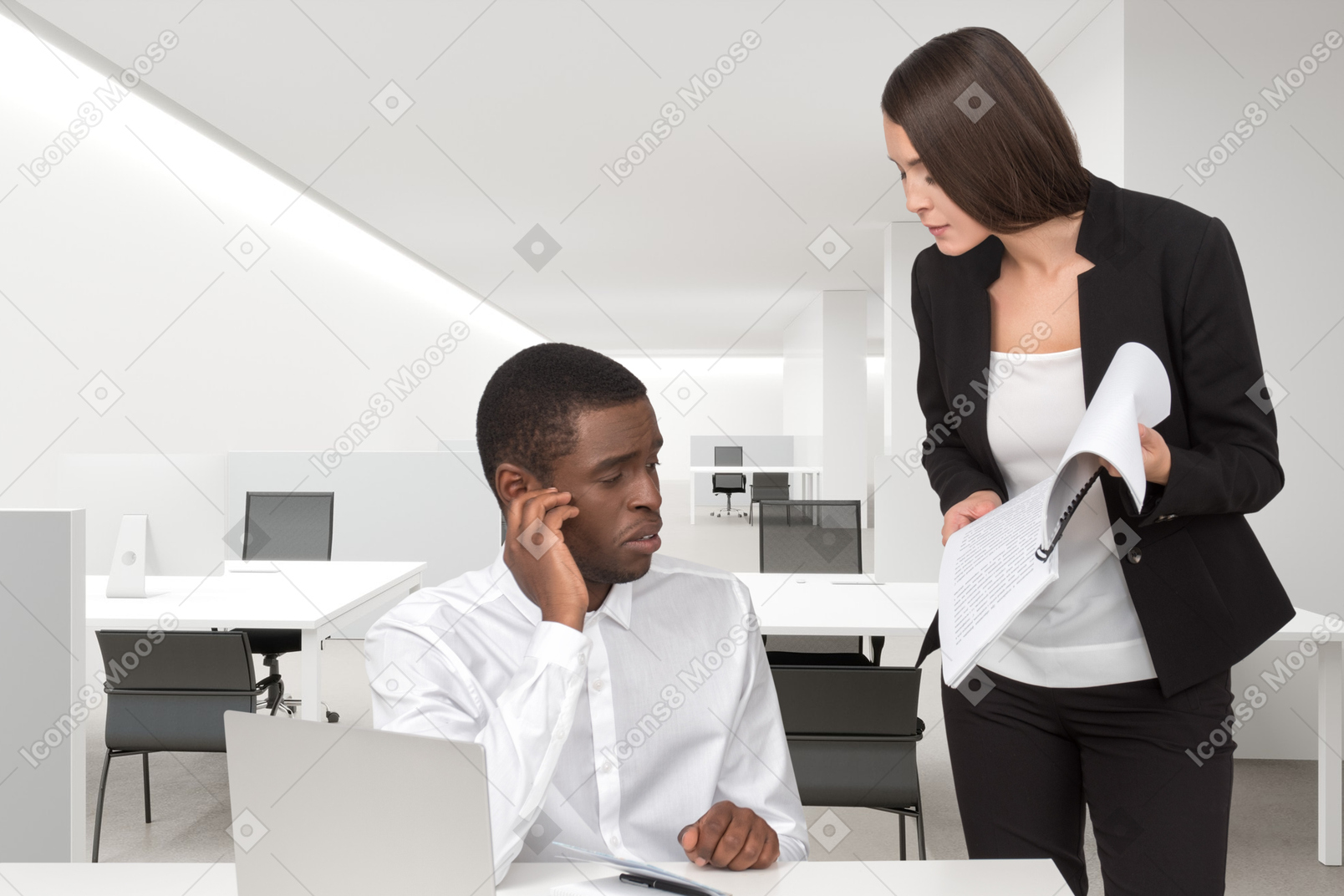 Female boss asking employee about report