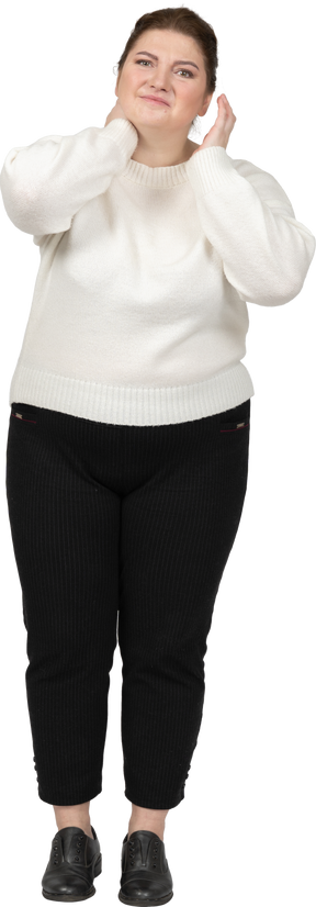 Front view of plump woman in casual clothes