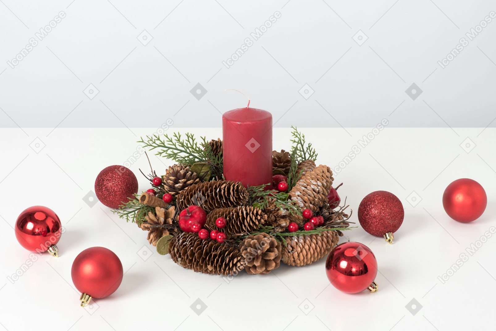 Christmas decorations near christmas wreath