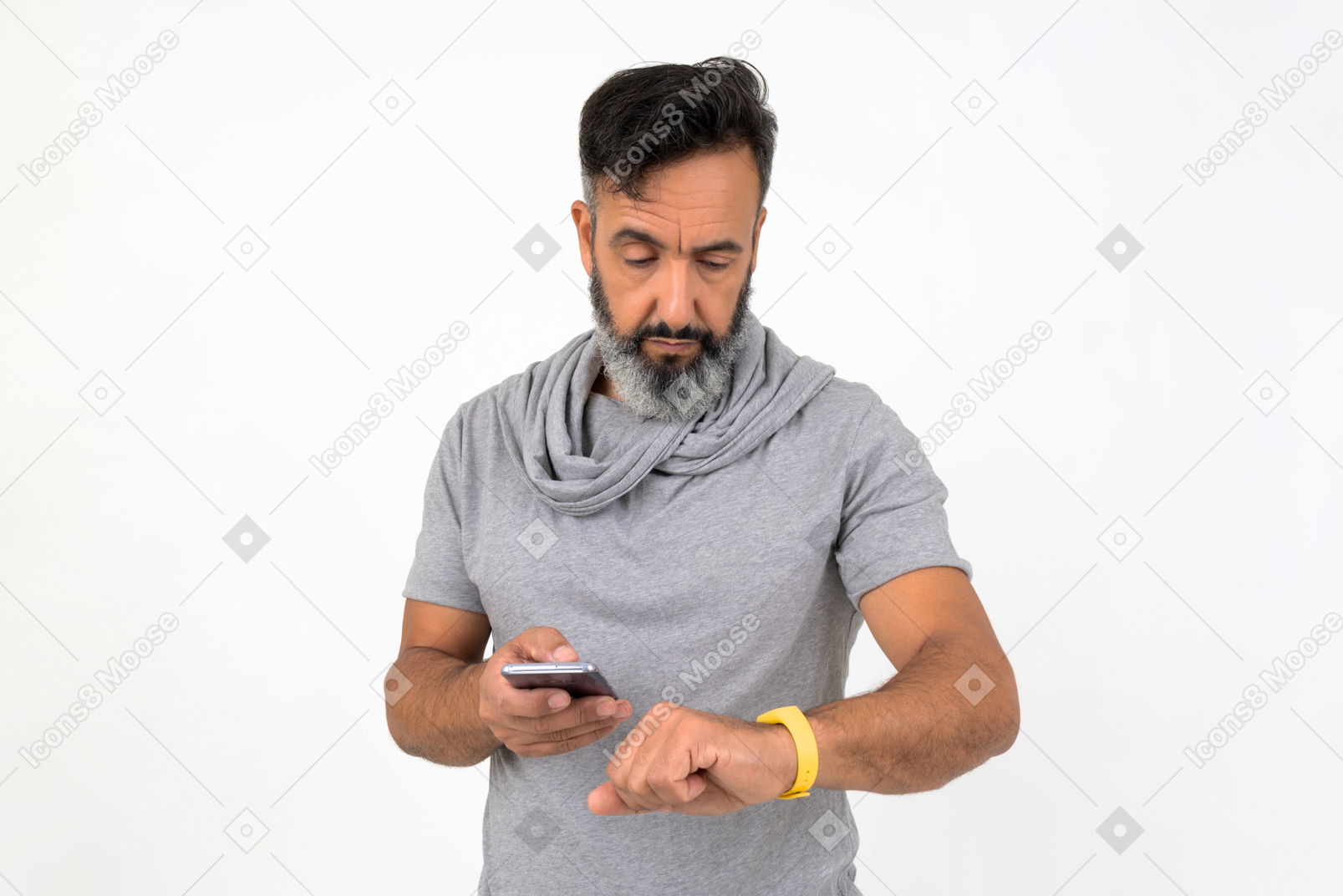 Mature man looking at his sport tracker with surprisement