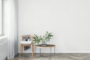 Bright room with coffee table, chair and home decor