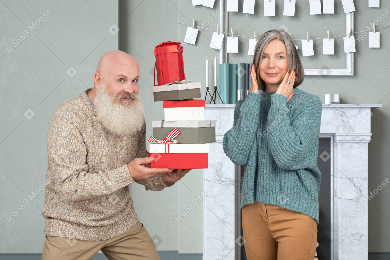 Old man giving a christmas gift to his woman