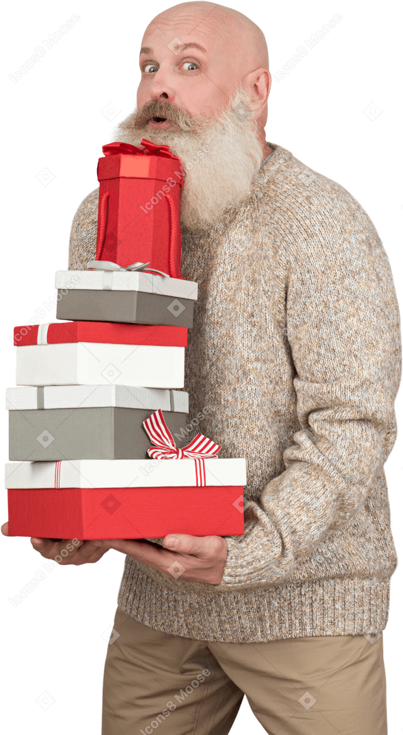 Bearded man with a bunch of christmas gifts