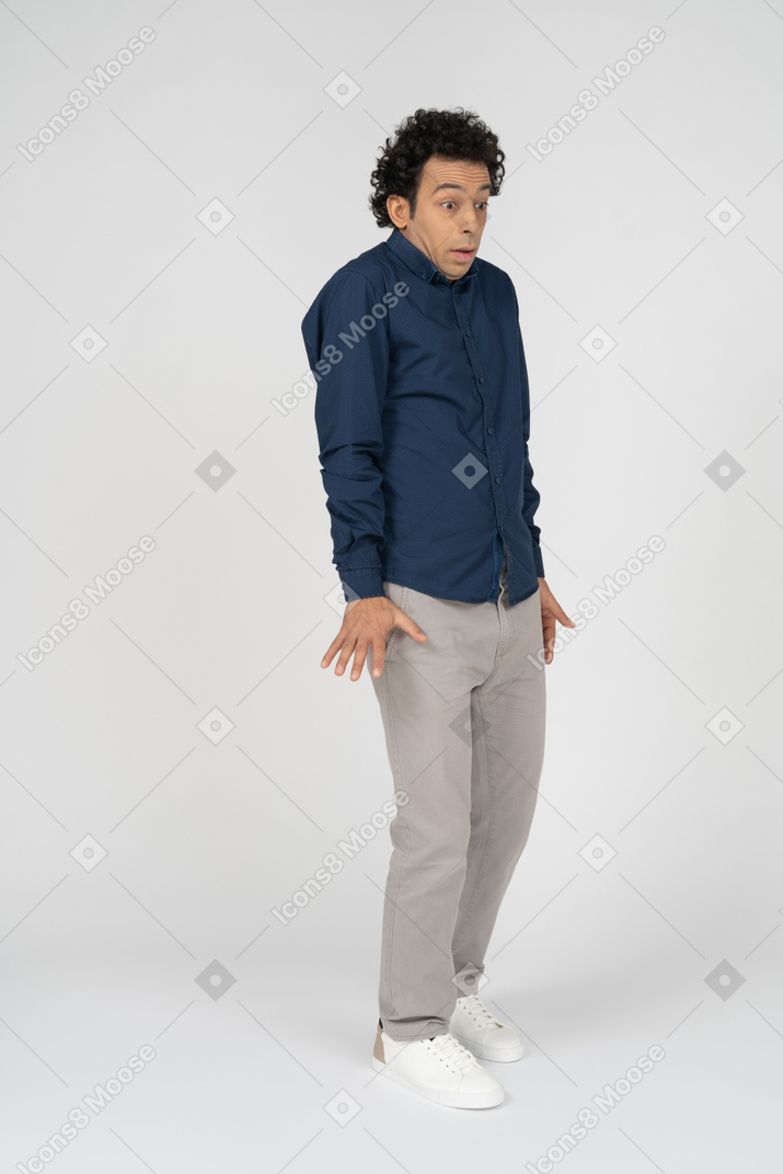 Side view of a scared man in casual clothes