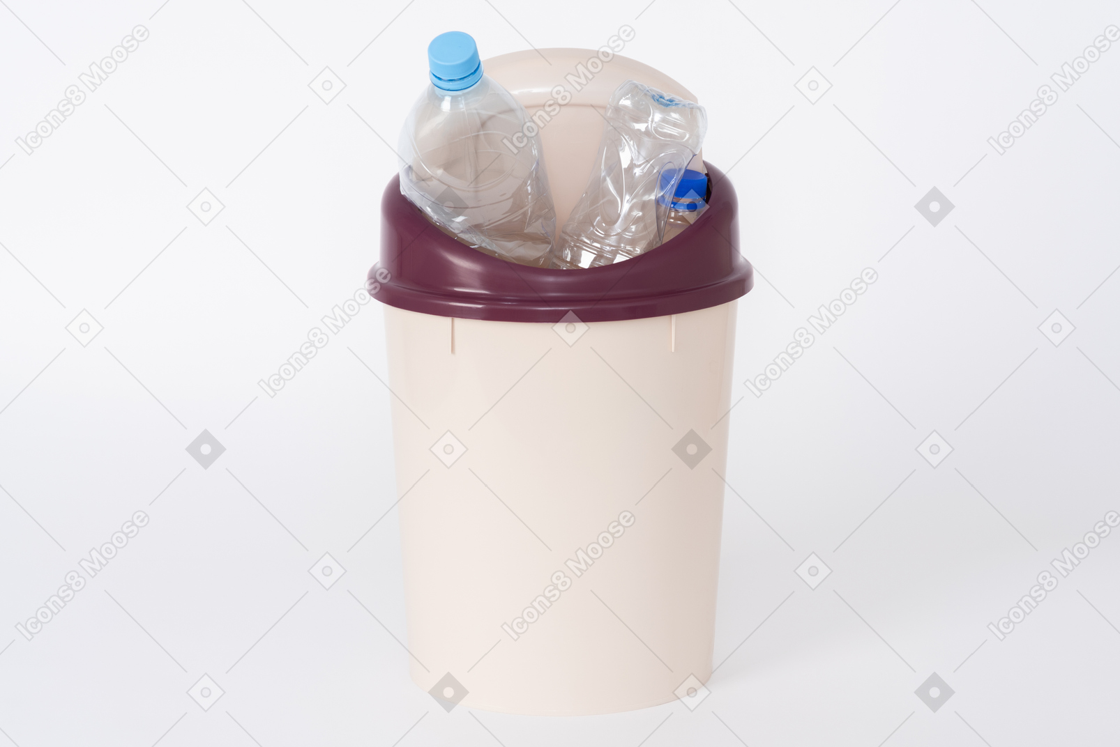 Brown plastic trash bin full of plastic bottles