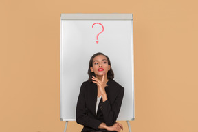 Attractive afro woman sitting by the whiteboard