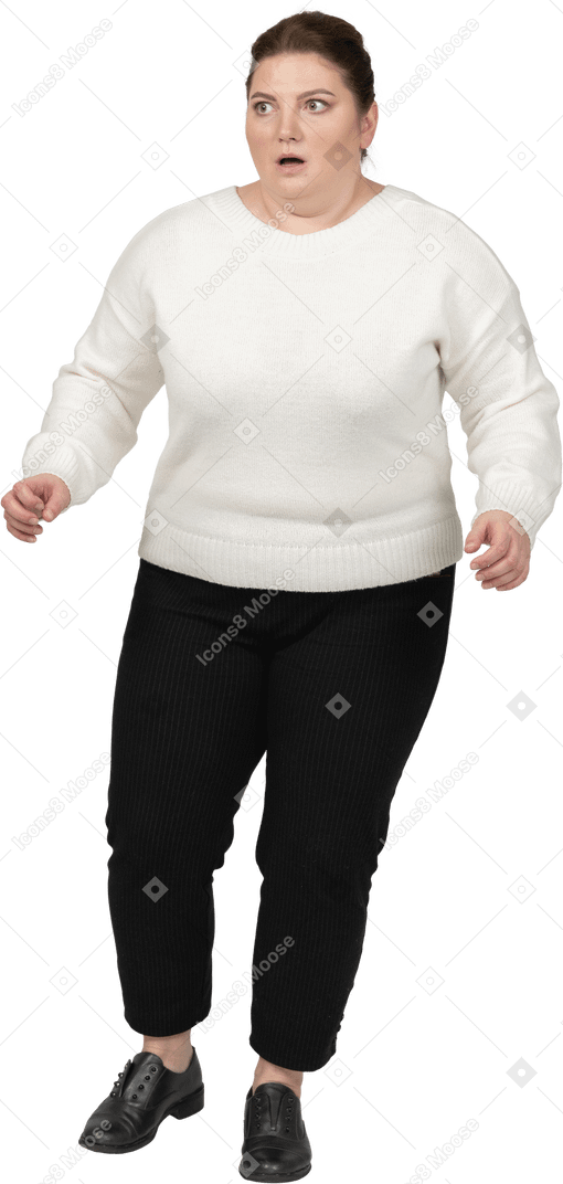 Extremely surprised woman in casual clothes standing
