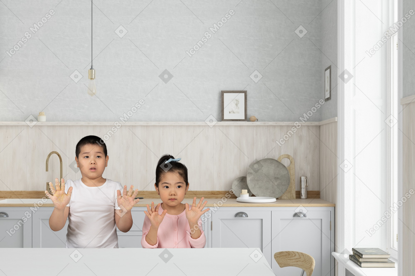 A couple of kids standing in a kitchen
