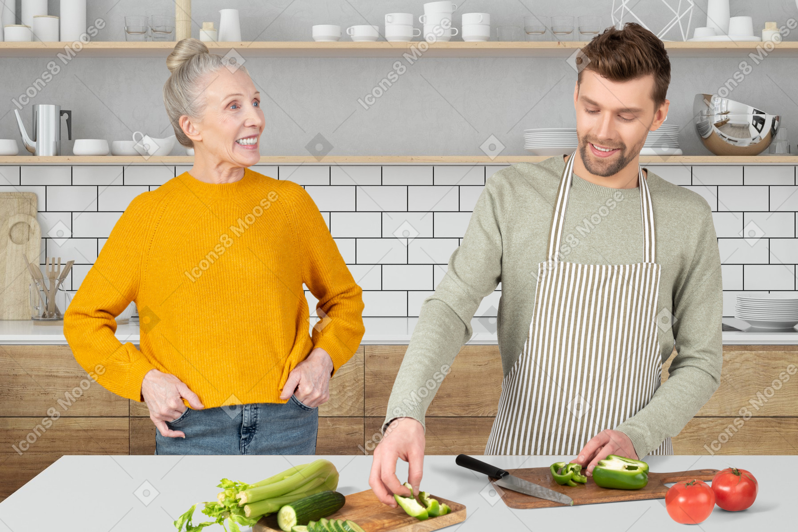 A man preparing food with an older woman