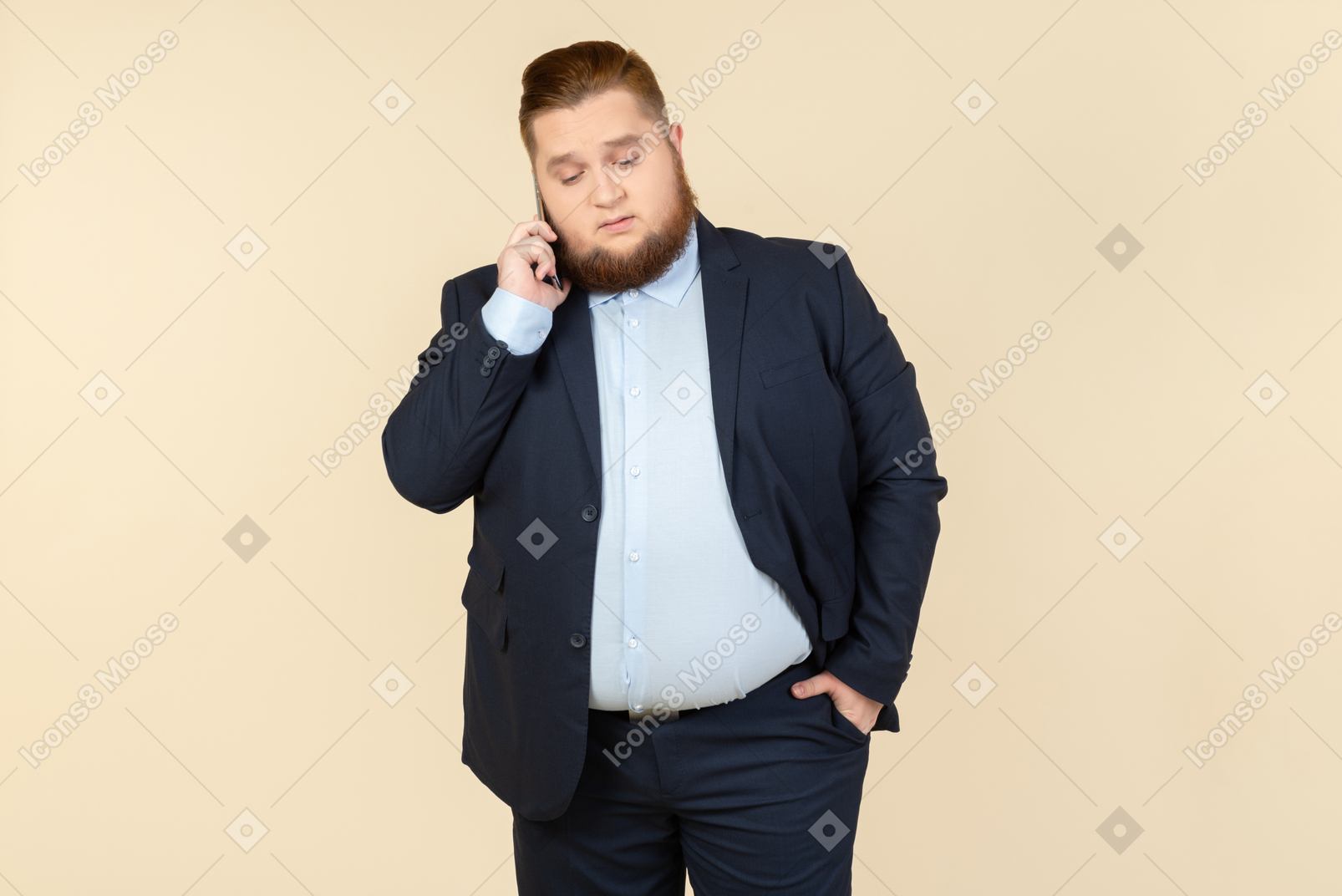 Serious looking young overweight office worker talking on the phone