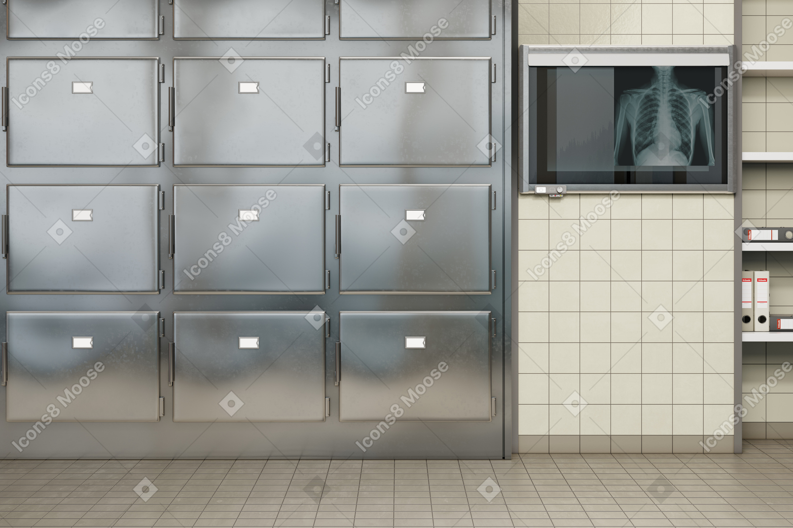 Morgue with mortuary cabinets and x ray scan on screen