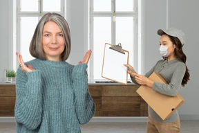 Confused elderly woman and courier with parcel