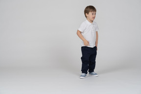 Three-quarter view of a boy standing