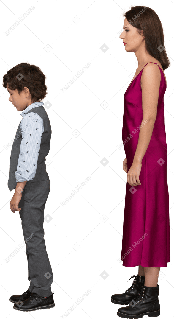 Woman and kid standing in profile