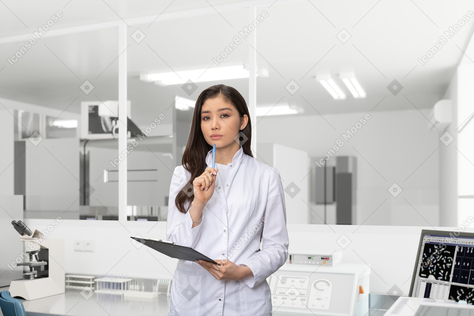 Young woman standing and thinking in the laboratory
