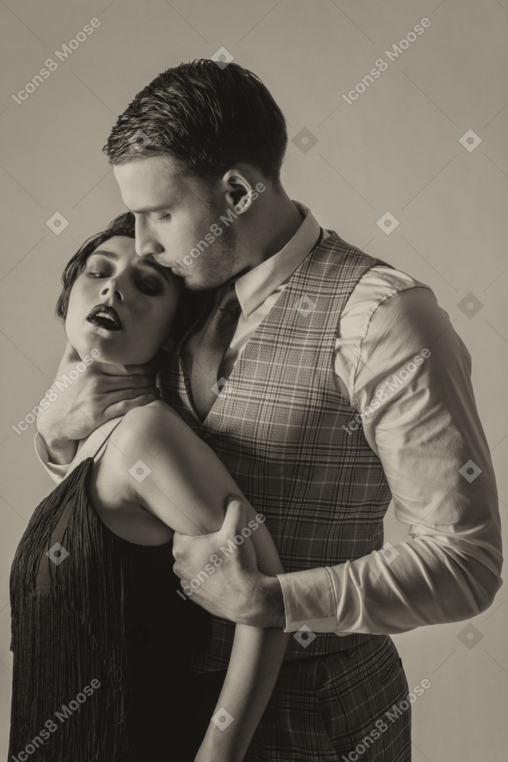 Black and white portrait of passionate old-fashioned couple