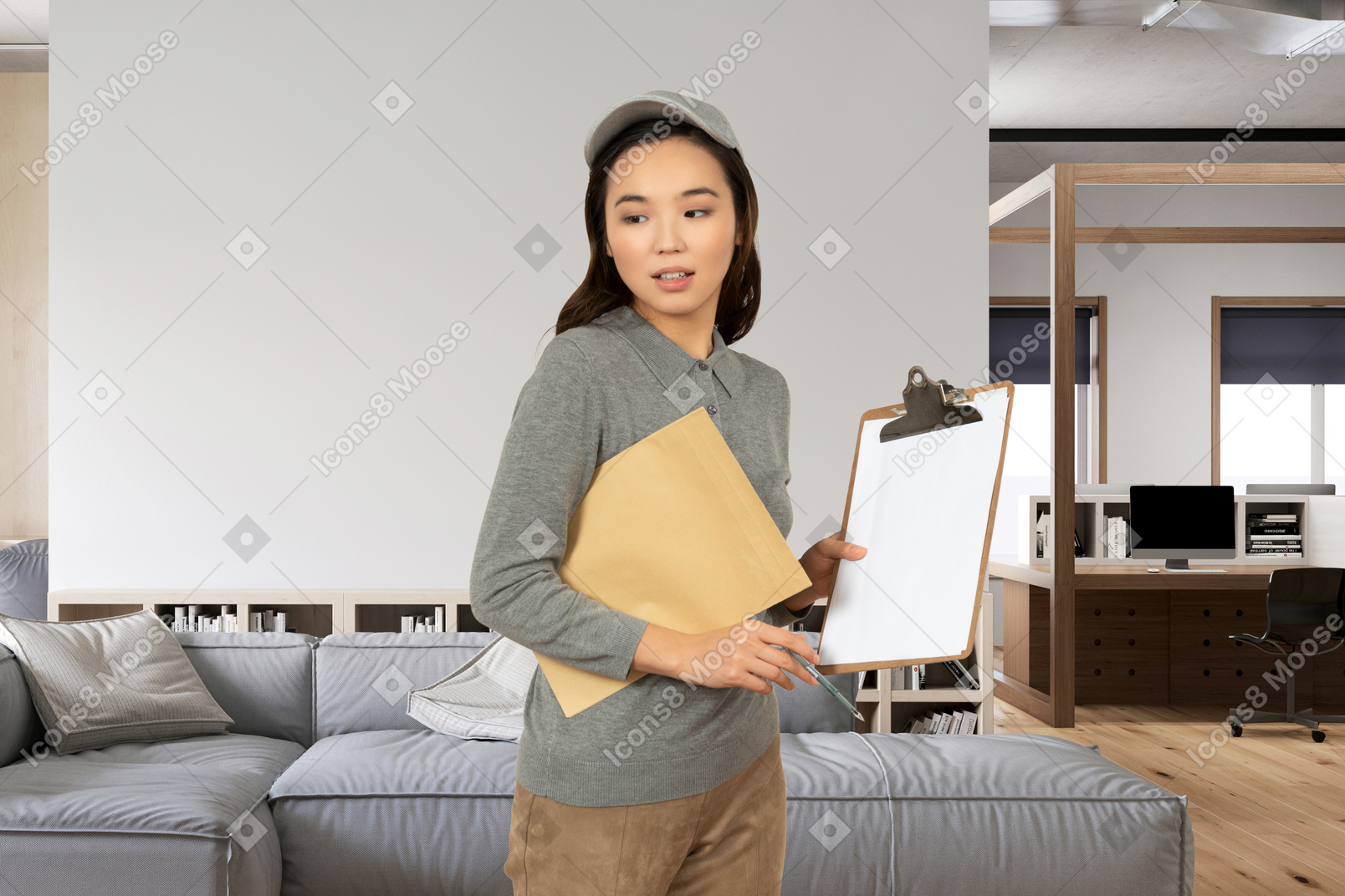 A deliverywoman holding a clipboard and an envelope