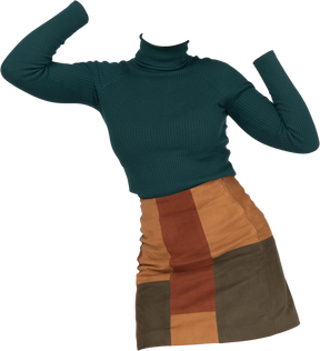 Dark cyan knitted turtleneck and brown mini skirt