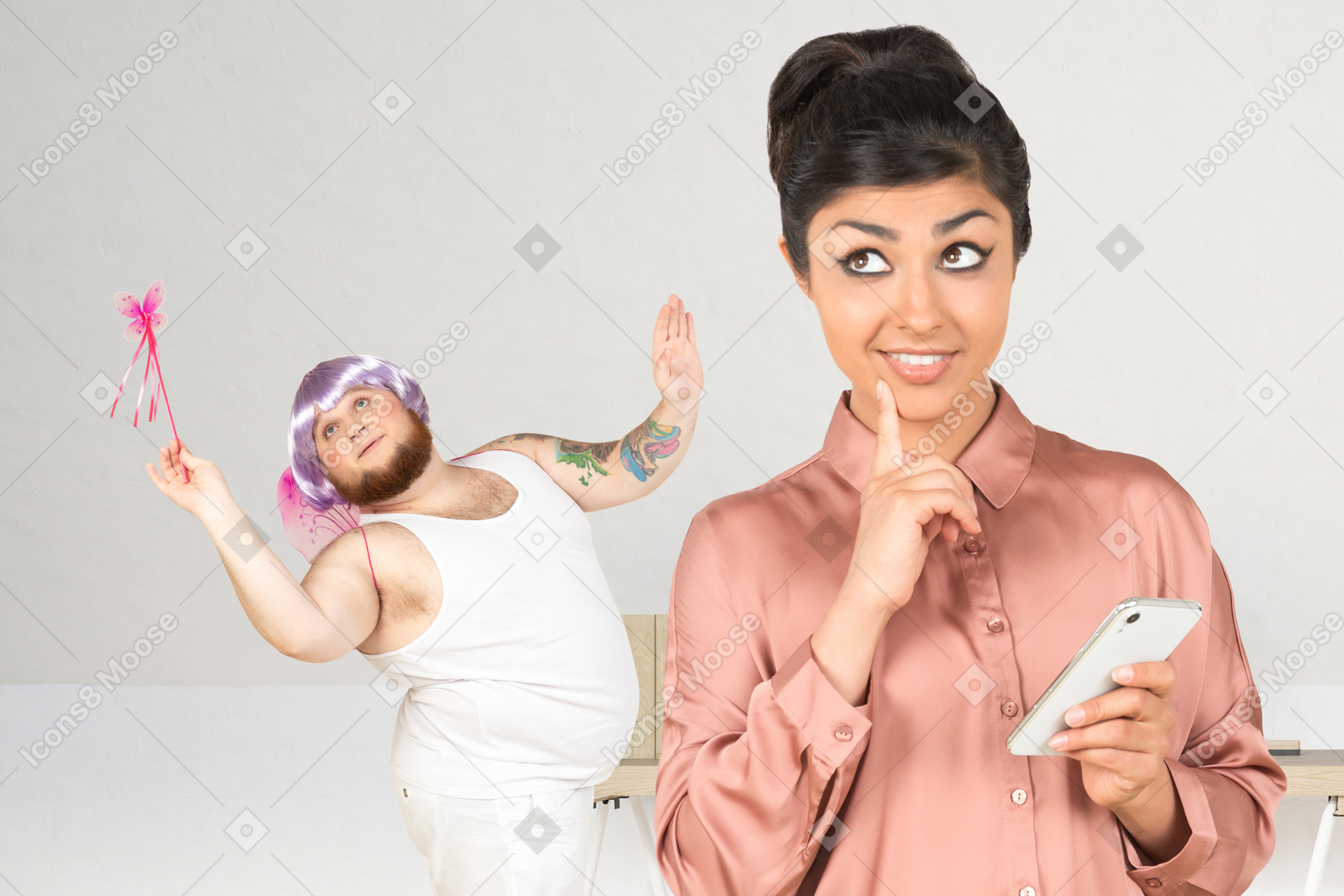 Thoughtful woman standing with phone while a male fairy dancing