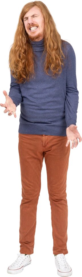Front view of an emotional young man