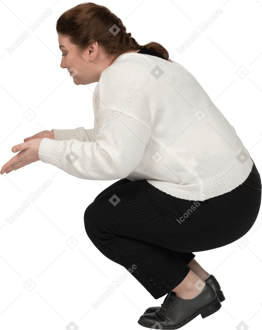 Side view of a plump woman in casual clothes squatting