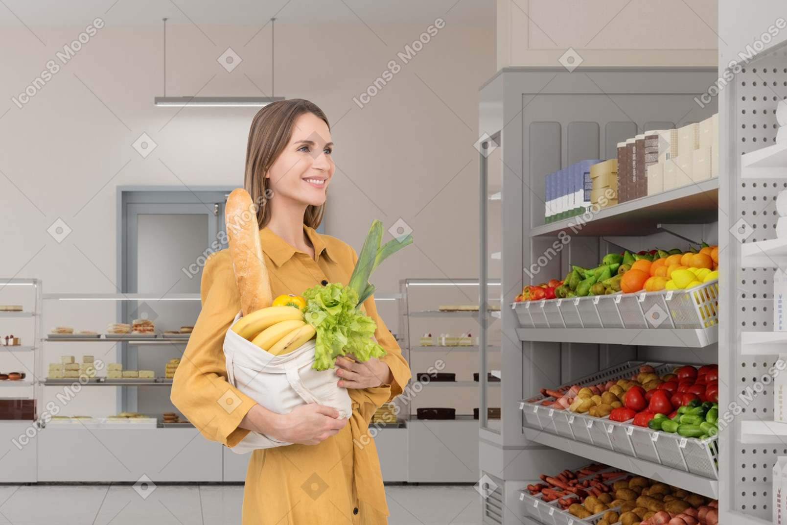 A woman holding a bag of vegetables in a grocery store