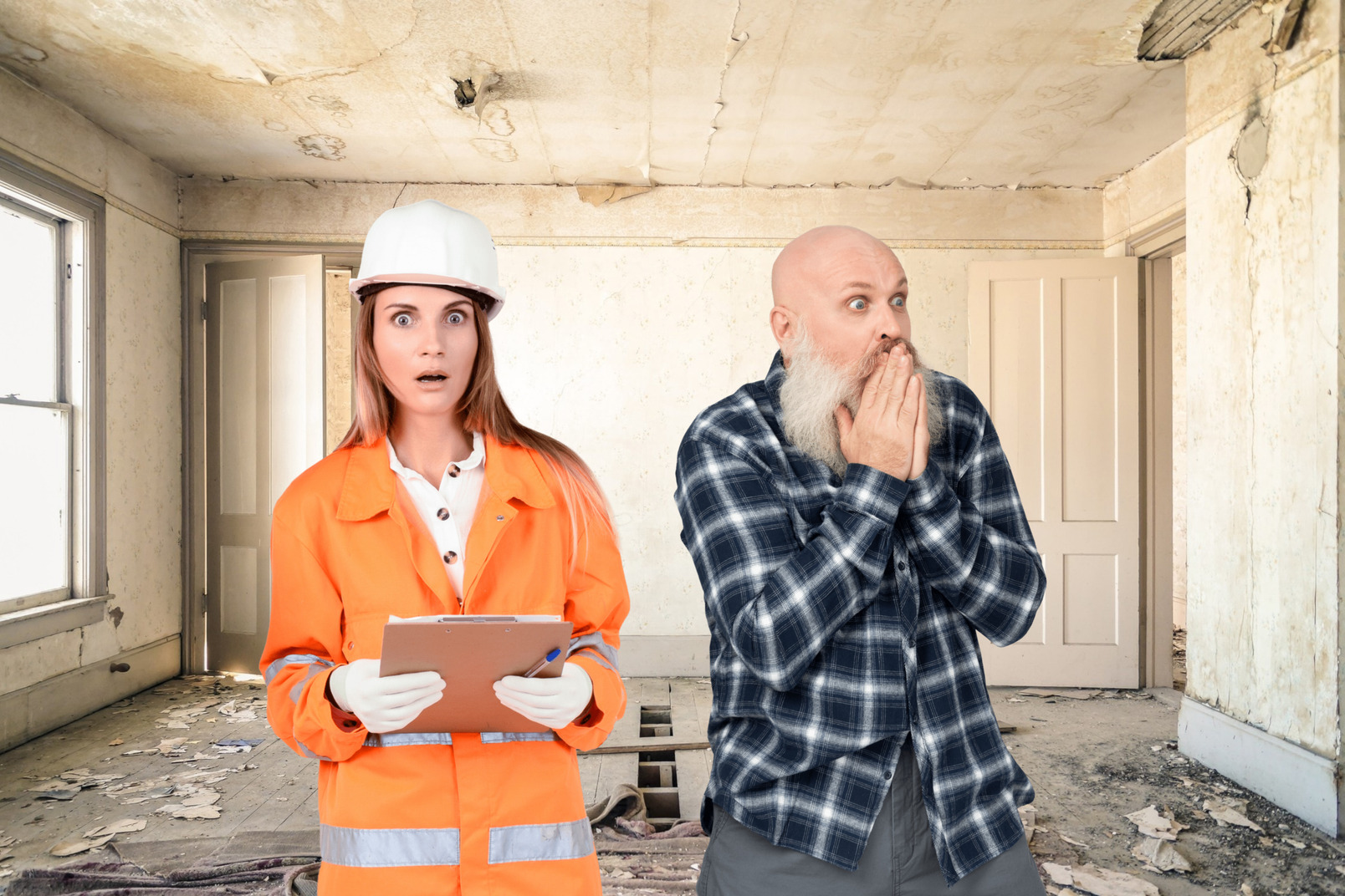 Gasping old client and female foreman standing in ruined room