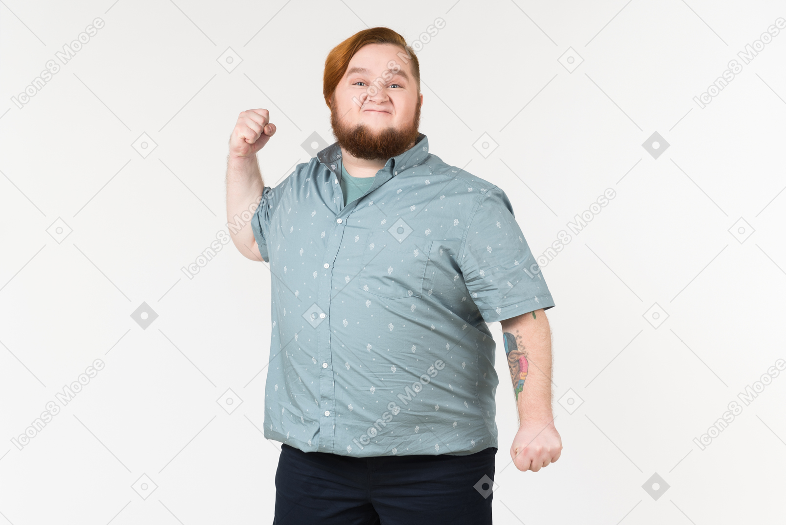 A fat man is about to hit somebody with his fist