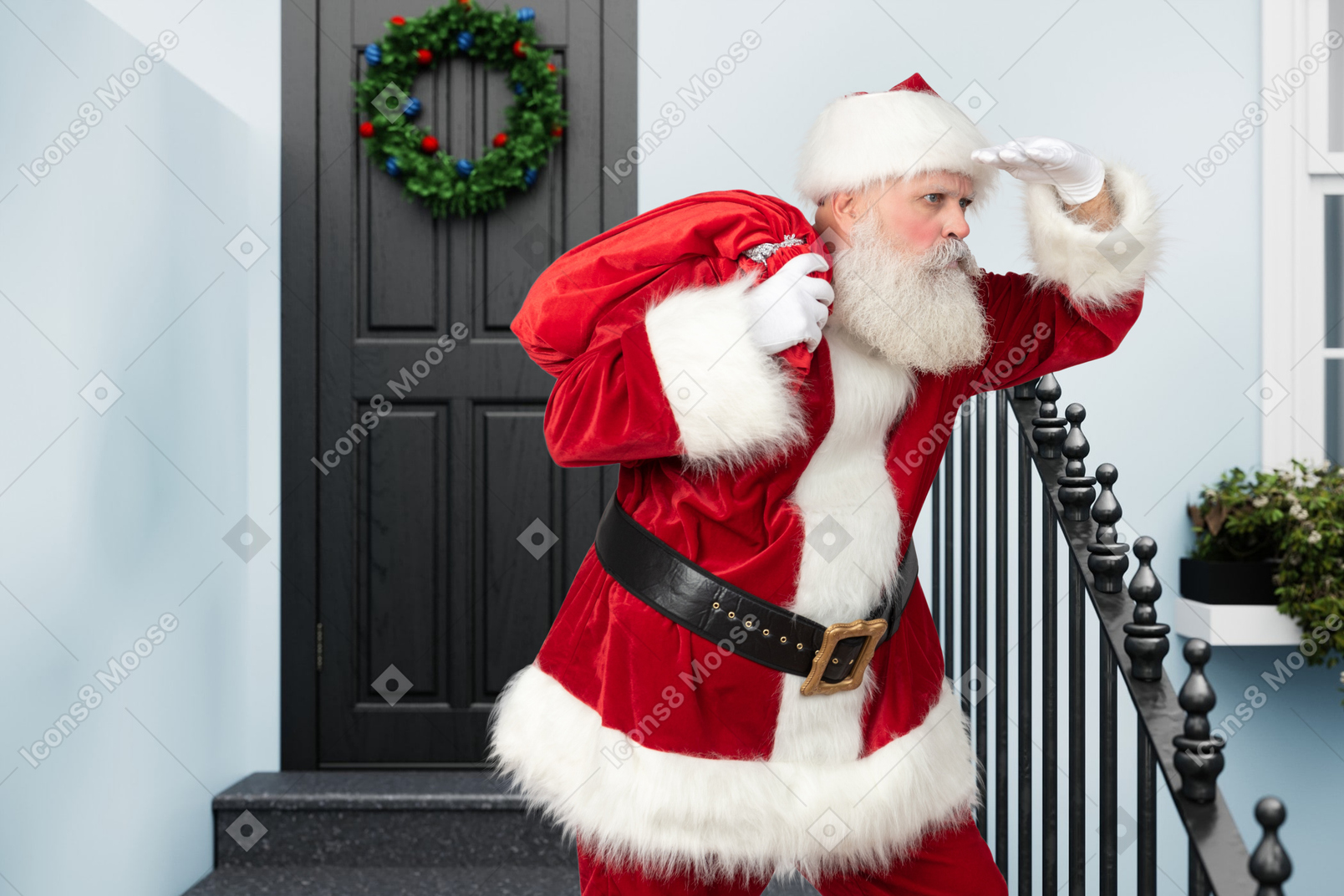 Weihnachtsmann auf der suche nach dem nächsten haus, um geschenke zu bringen