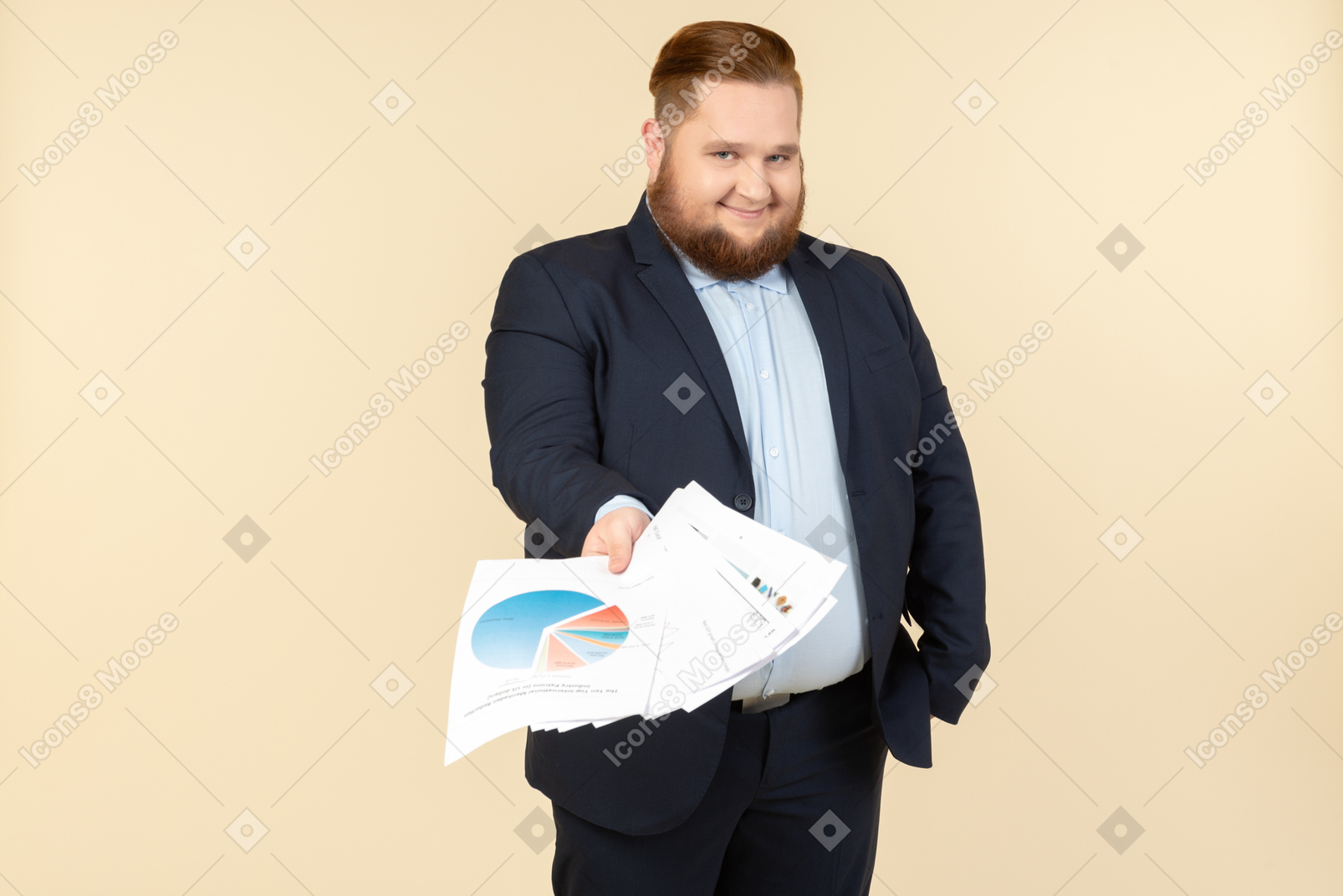 Smiling overweight male office worker handling papers =