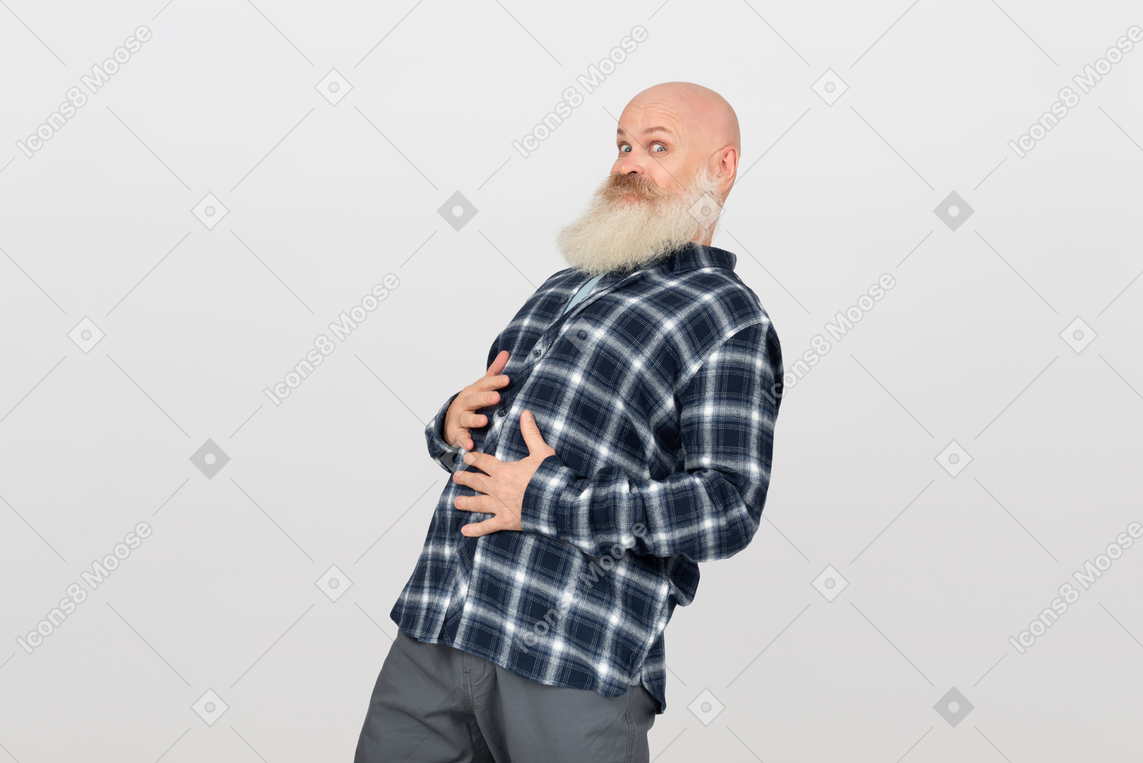 Mature bearded man holding his belly in both hands