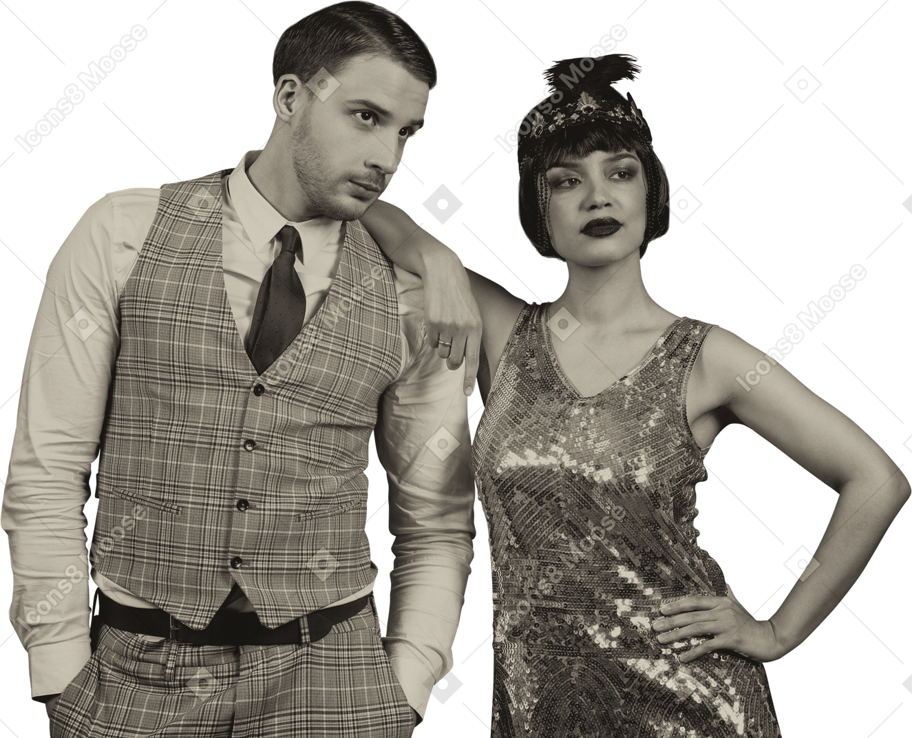 Well-dressed retro-styled couple posing in the dark