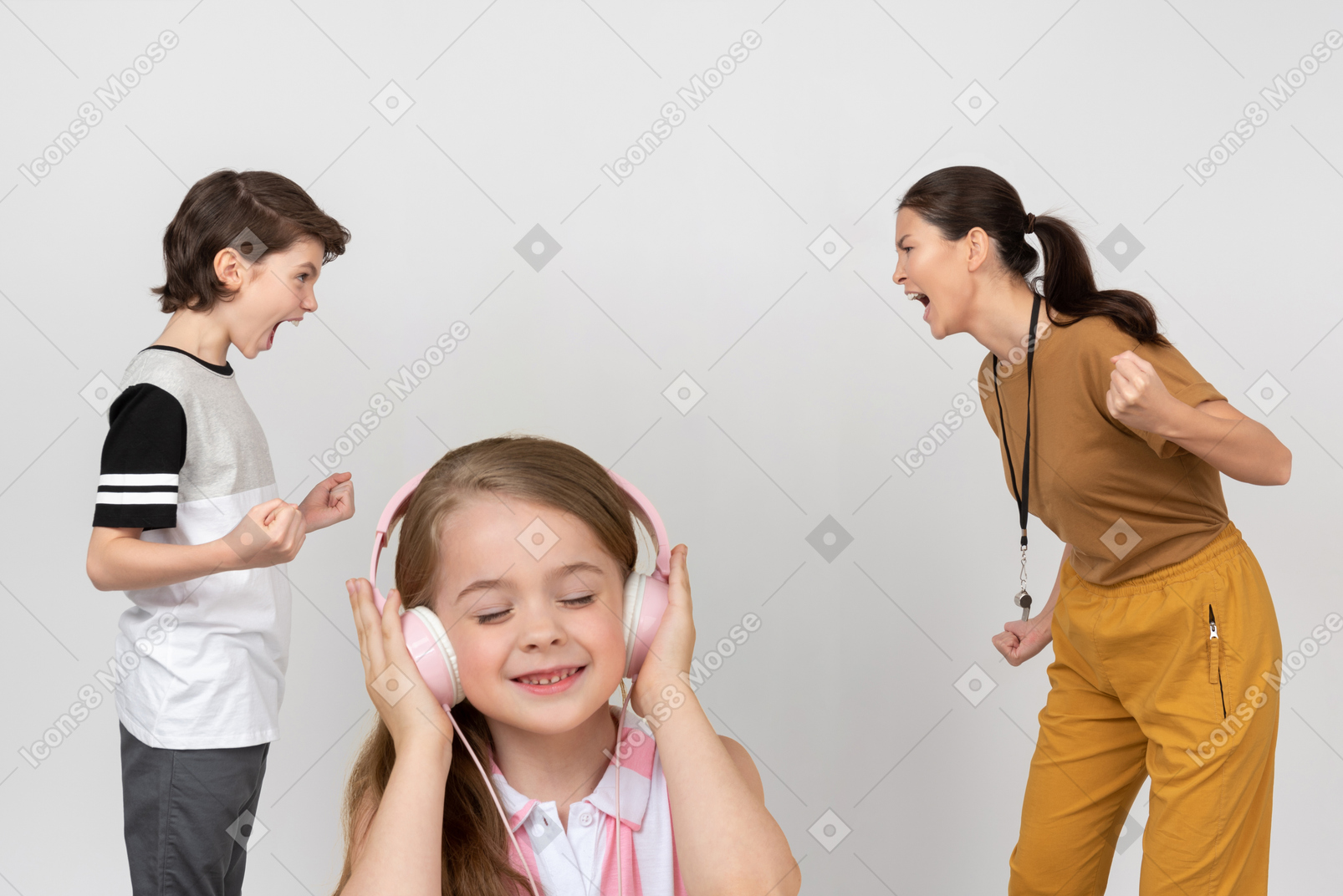 小女孩在耳机听音乐而一个十几岁的男孩和一位女教练互相吼叫
